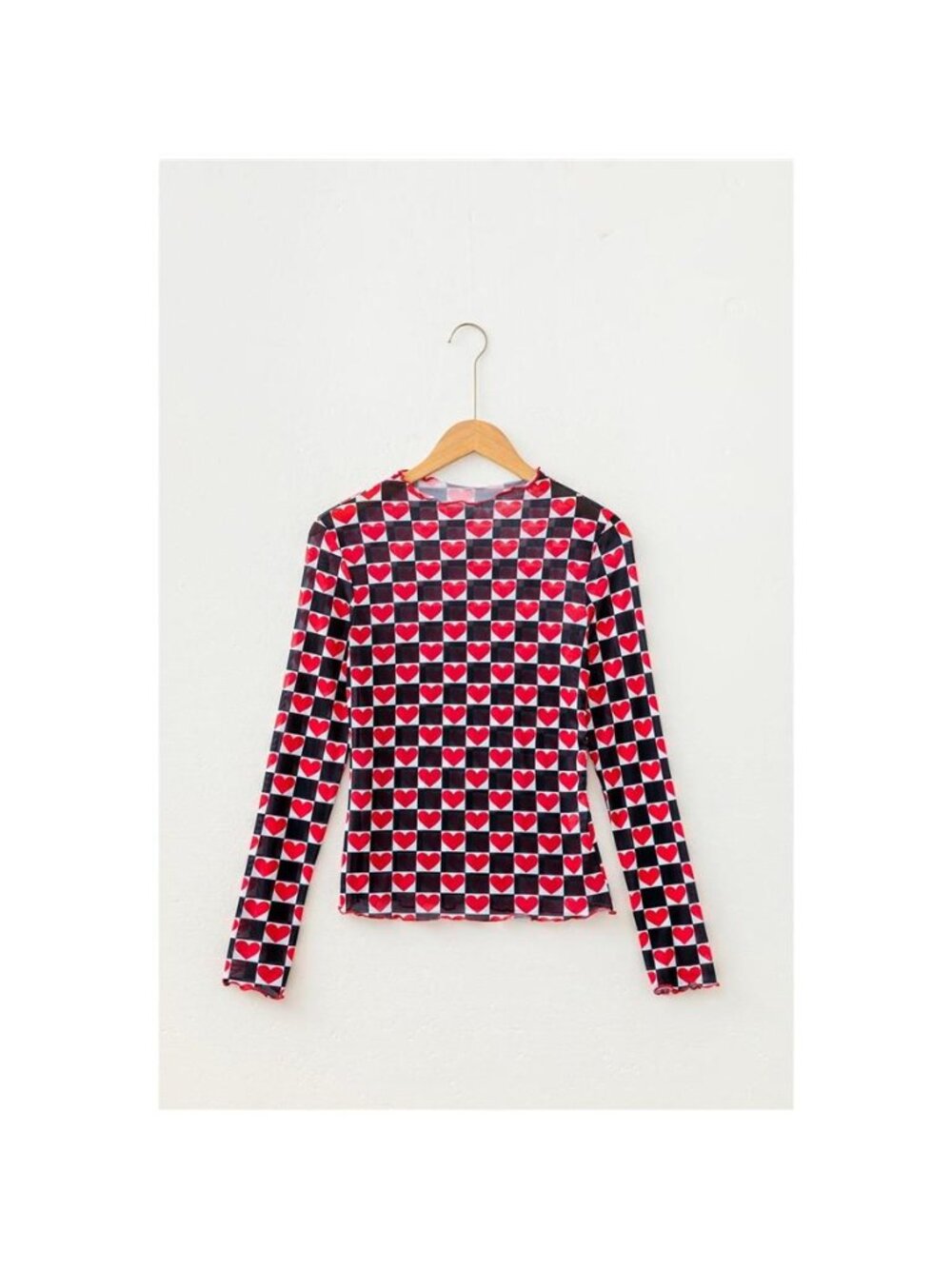 Plaid Heart Mesh Sheer Long Sleeve High Neck Top - Picture 11 of 14